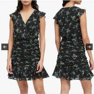 Banana Republic Black Floral Print Ruched Mini Dress 2 Flutter Green Blue Dainty